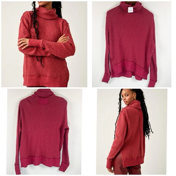 Free People We The Free Waffle Knit Turtleneck Sweater Side Slit Muted Red XS - Picture 2 of 12